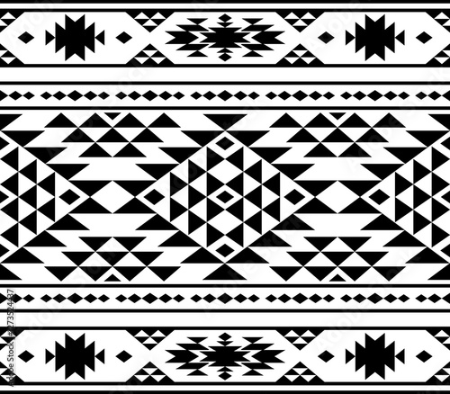 Southwest Aztec geometric Native American Mexican Navajo tribal ethnic boho indian texture ornament seamless pattern fabric black and white design vector for woven textile printing blanket rug carpet 