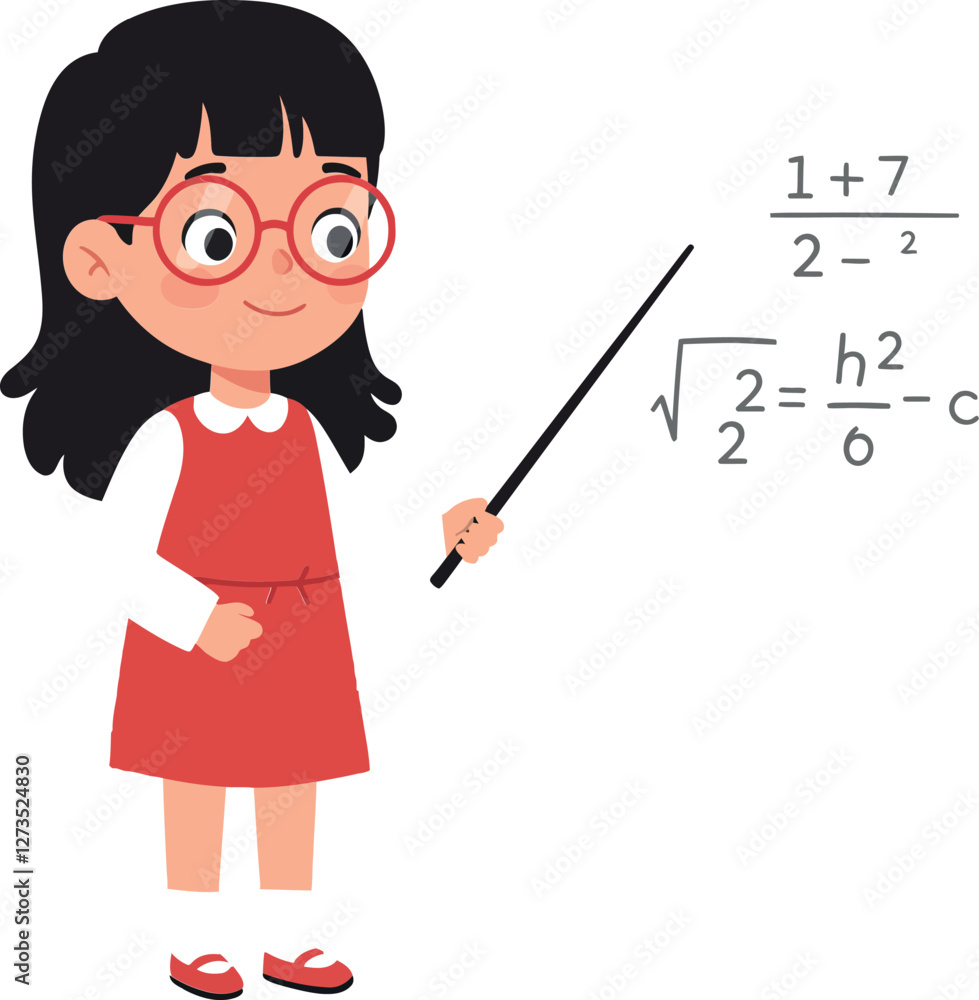 Young girl in red dress with glasses presenting math equation vector illustration Young girl in red dress with glasses presenting math equation vector illustration