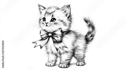 Adorable Kitten with Bow Illustration