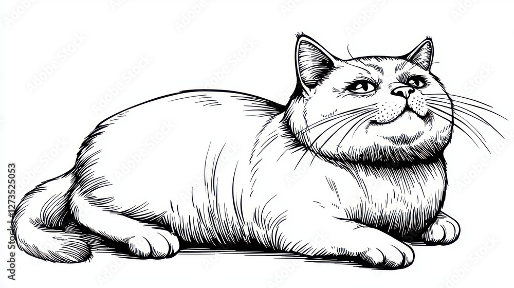 Obraz premium Playful Outline of a Relaxed Cat in Ink Drawing Style
