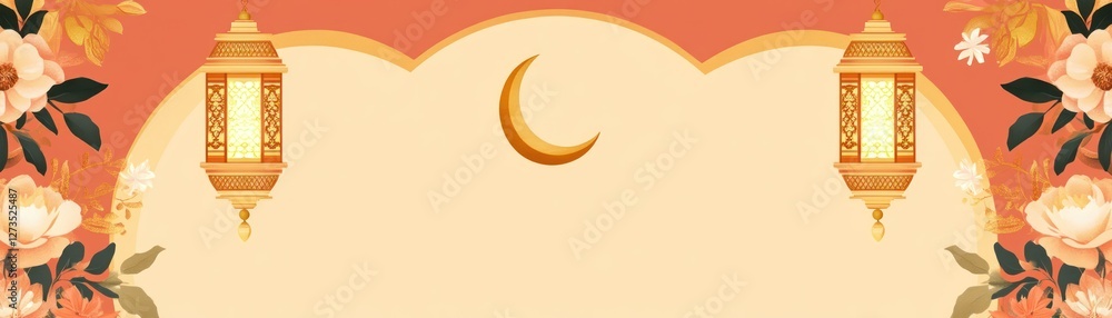Ramadan themed background with lanterns moon and floral accents
