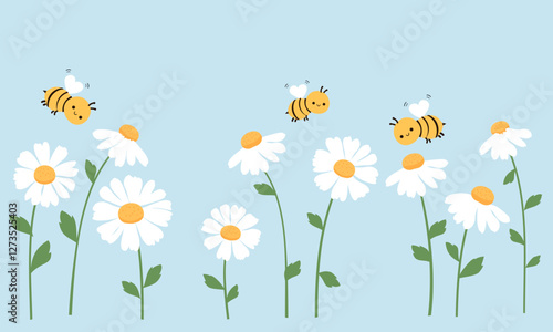 Set of daisy flower icon signs with green leaves and bee cartoons on blue background vector.