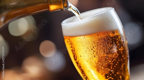 Wallpaper Mural Golden beer being poured into a frosty glass, with a blurred bar background and warm ambiance Torontodigital.ca