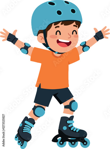 Happy child roller skating with safety gear in flat vector art
