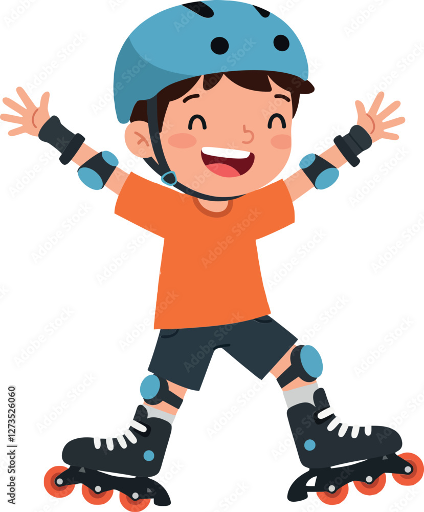 Happy child roller skating with blue helmet in flat vector art Happy child roller skating with blue helmet in flat vector art