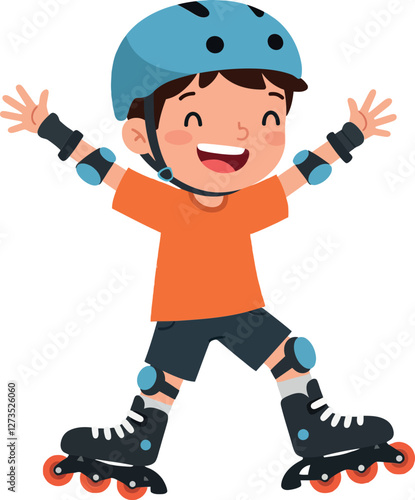 Happy child roller skating with blue helmet in flat vector art