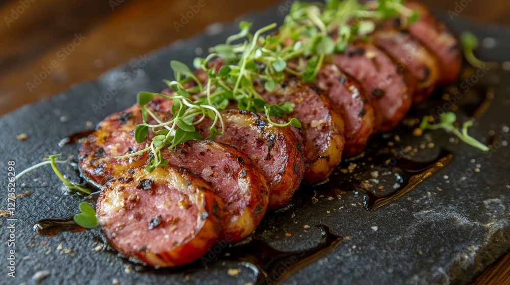 Sliced meat dish garnished with herbs on a dark slate plate. Sliced meat dish garnished with herbs on a dark slate plate.