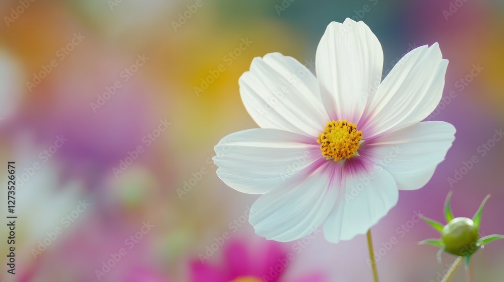 Delicate white cosmos flower with yellow center blooms vibrantly Delicate white cosmos flower with yellow center blooms vibrantly