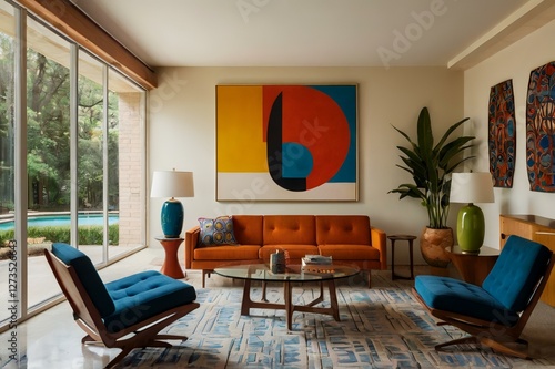 mid century scandinavian interior design of modern living room with colorful multicolored furniture