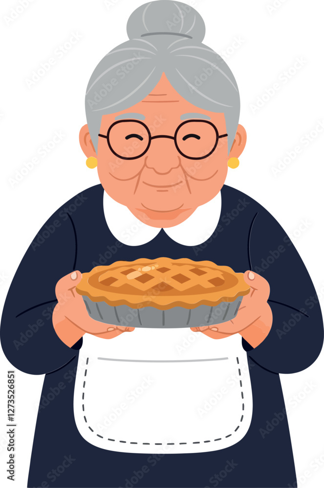 Grandmother holding a freshly baked pie in flat vector art Grandmother holding a freshly baked pie in flat vector art