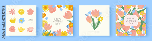 Happy Women's Day March 8. Set of cute cards with flowers. Hand drawn floral templates for spring holiday. Vector illustration.