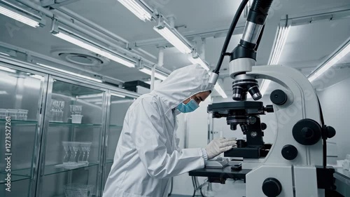 Doctor conducting research in a cleanroom.