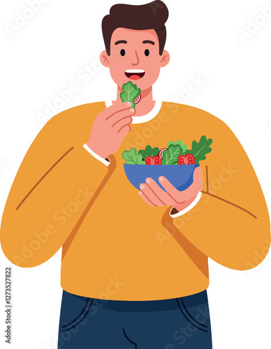 Happy man enjoying fresh salad in flat vector art style