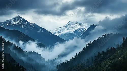 Wallpaper Mural A serene mountain landscape shrouded in mist, showcasing majestic peaks and dense forests. Torontodigital.ca