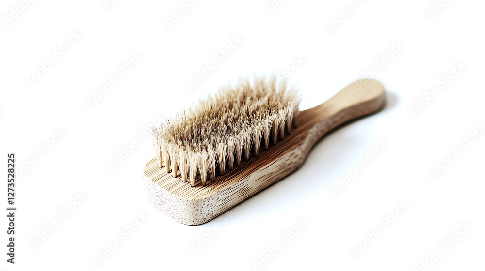Wooden-Handled Bristle Brush with Natural Fibers on White Background Wooden-Handled Bristle Brush with Natural Fibers on White Background
