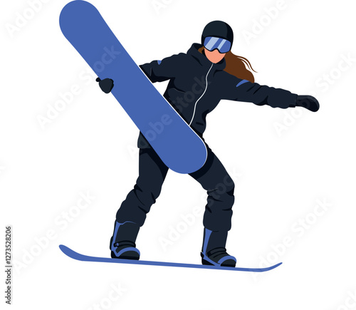 Snowboarder performing dynamic tricks in flat vector art style