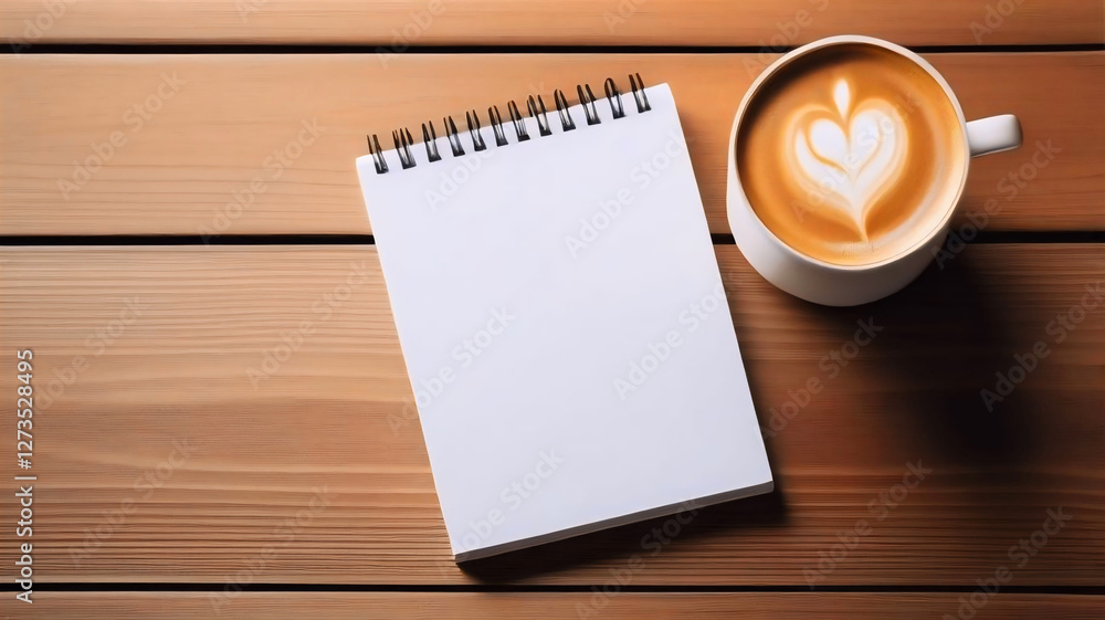 Notebook and Cappuccino Cup on Pine Table, Cozy and Productive Workspace Notebook and Cappuccino Cup on Pine Table, Cozy and Productive Workspace