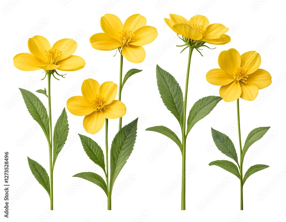 Fototapeta premium Four Yellow Flowers Isolated on White Background
