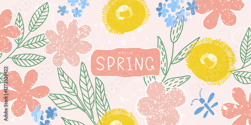 Hello spring, banner with hand drawn spring flowers and butterfly. Poster or card for spring holiday. Hand drawn floral template for women's day march 8, mother's day, easter or birthday. Vector