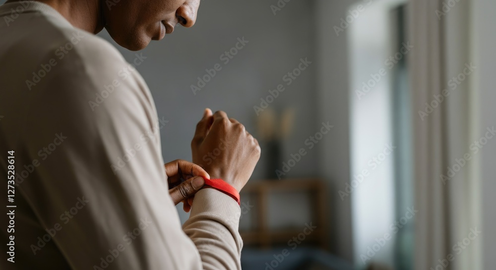 Person adjusting fitness tracker, focus on wrist Person adjusting fitness tracker, focus on wrist