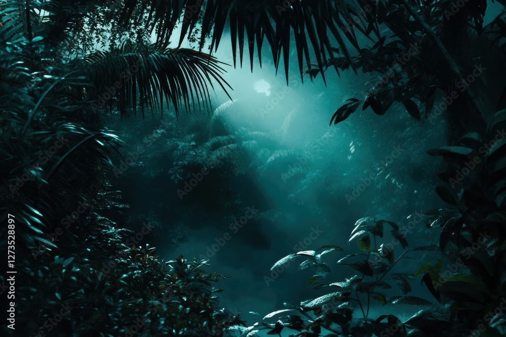 Naklejka premium Mysterious, dark green jungle scene.