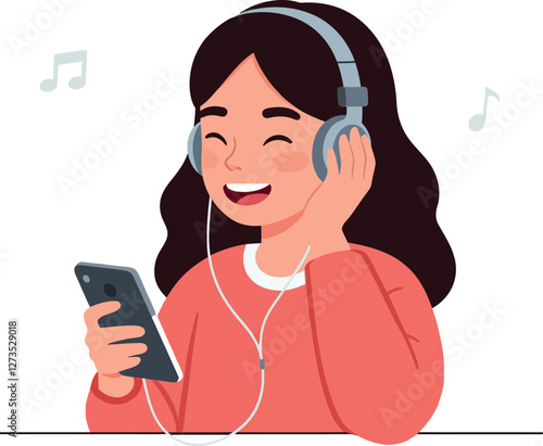 Happy girl enjoying music with headphones in flat vector art