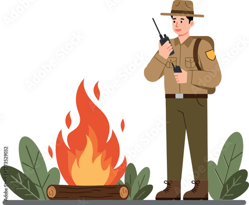 Park ranger monitoring campfire safety in flat vector art