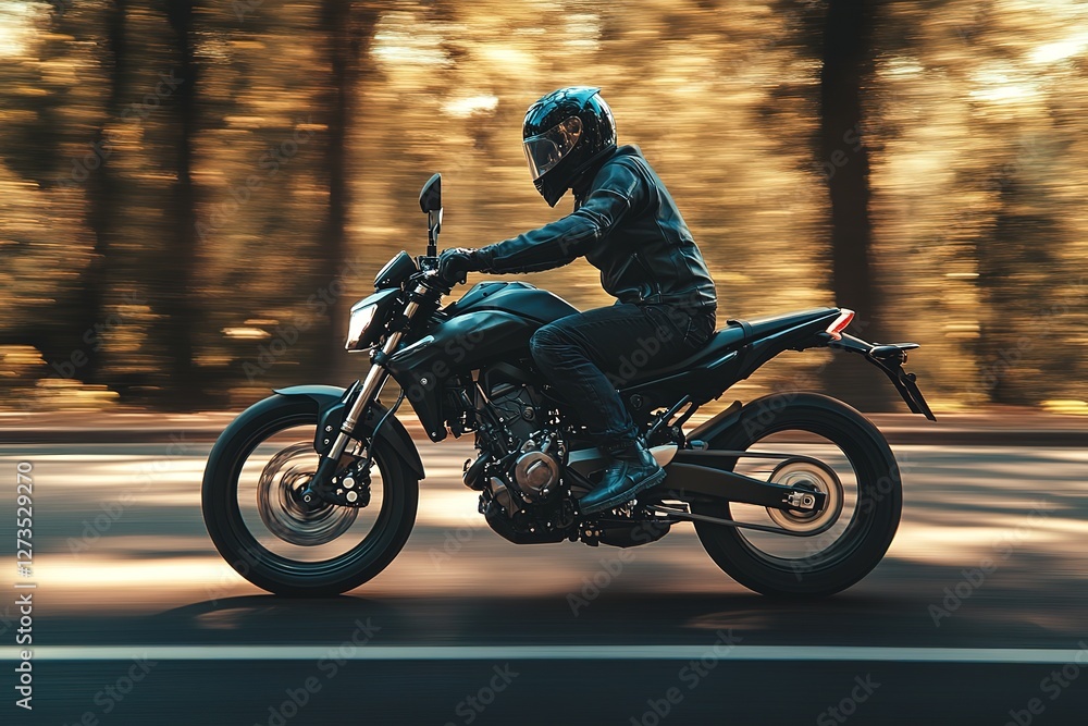 Fototapeta premium Urban Rider: Dynamic Motorcyclist Speeding Through City Streets, Capturing the Thrilling Energy of Modern City Life. A Powerful Image of Freedom, Adventure, and the Exhilaration of Two-Wheeled Travel.