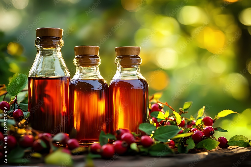 Bottles of amber liquid surrounded by greenery and berries in a sunlit setting Bottles of amber liquid surrounded by greenery and berries in a sunlit setting