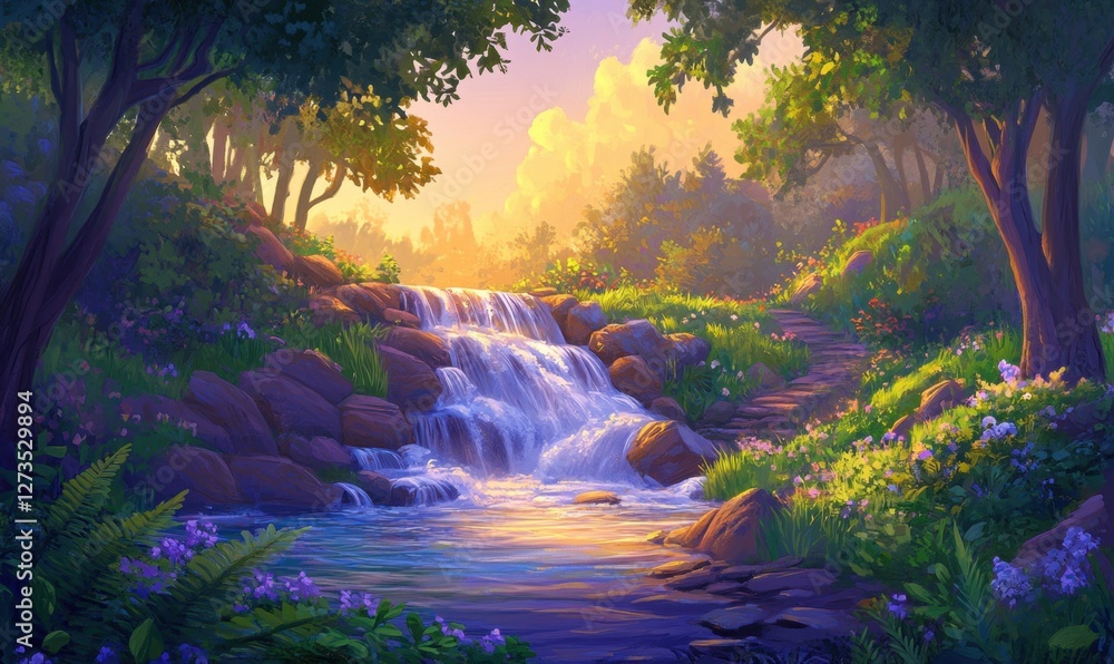 Serene landscape featuring a tranquil waterfall surrounded by lush greenery and blooming flowers Serene landscape featuring a tranquil waterfall surrounded by lush greenery and blooming flowers