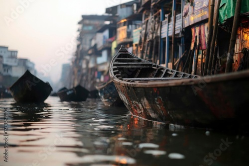 Boats sit by homes on a river in Dhaka, Bangladesh. For travel, culture photo