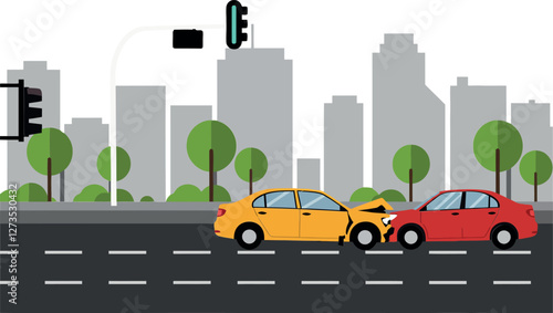 Car accident scene with traffic lights in flat vector illustration