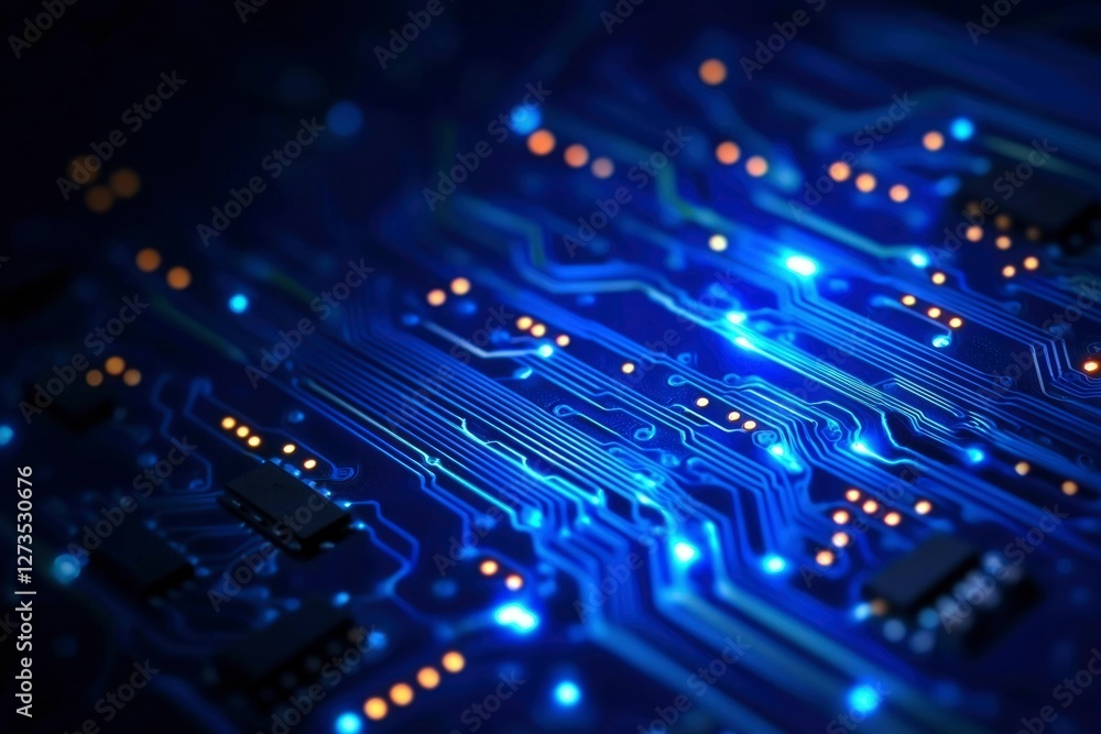 Blue circuit board close-up. Network data transfer. Electronic technology industry use Blue circuit board close-up. Network data transfer. Electronic technology industry use