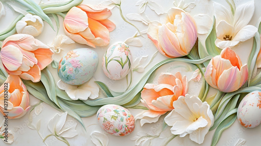 An Easter-themed close up of pastel tulips intertwined with painted eggs, set against a fresh white surface An Easter-themed close up of pastel tulips intertwined with painted eggs, set against a fresh white surface
