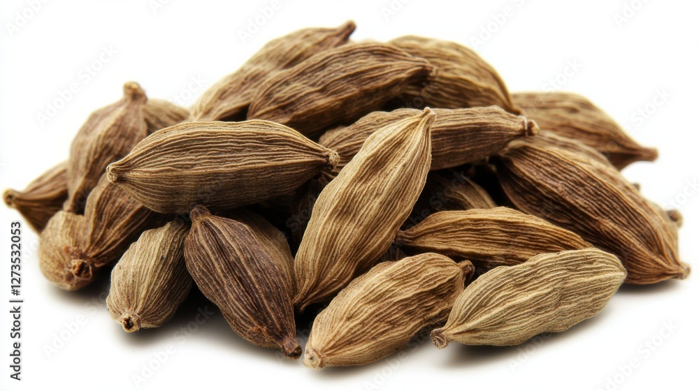 Fototapeta premium Cardamom elachi dry fragrant aromatic spice A pile of a Dry cardamom spice or cardamom pods on white background.v Cardamom seeds macro shot. 