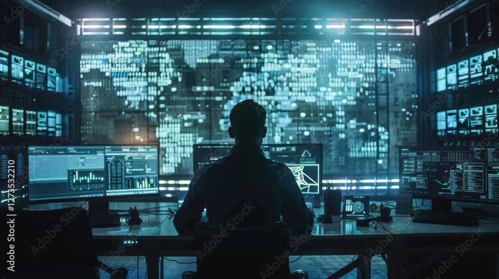 Intense focus on data analysis in a high-tech cyber control room with digital displays and analytics Intense focus on data analysis in a high-tech cyber control room with digital displays and analytics