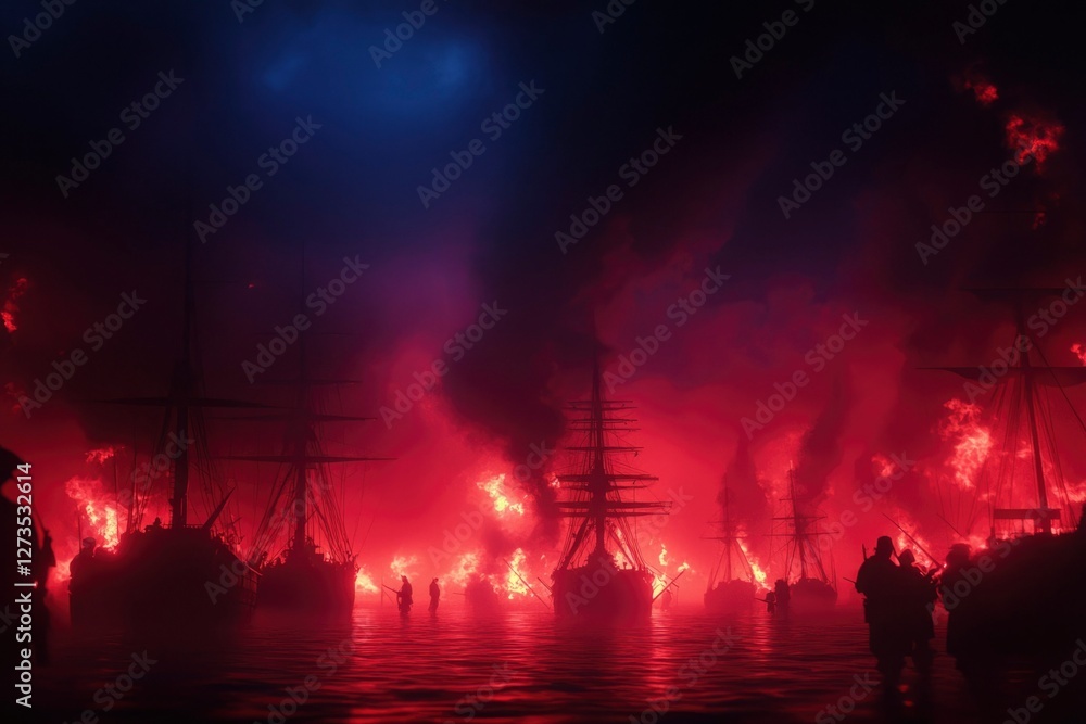 Obraz premium Burning ships on water at night create an eerie naval scene for history use
