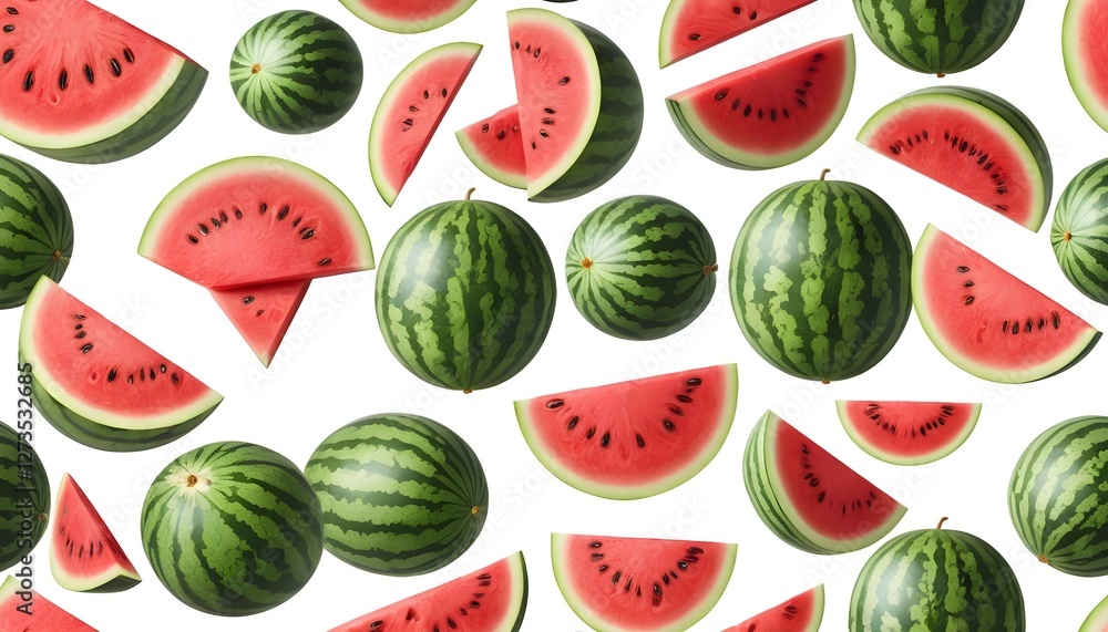 Watermelon Slices and Whole Watermelons Falling on White Background Watermelon Slices and Whole Watermelons Falling on White Background