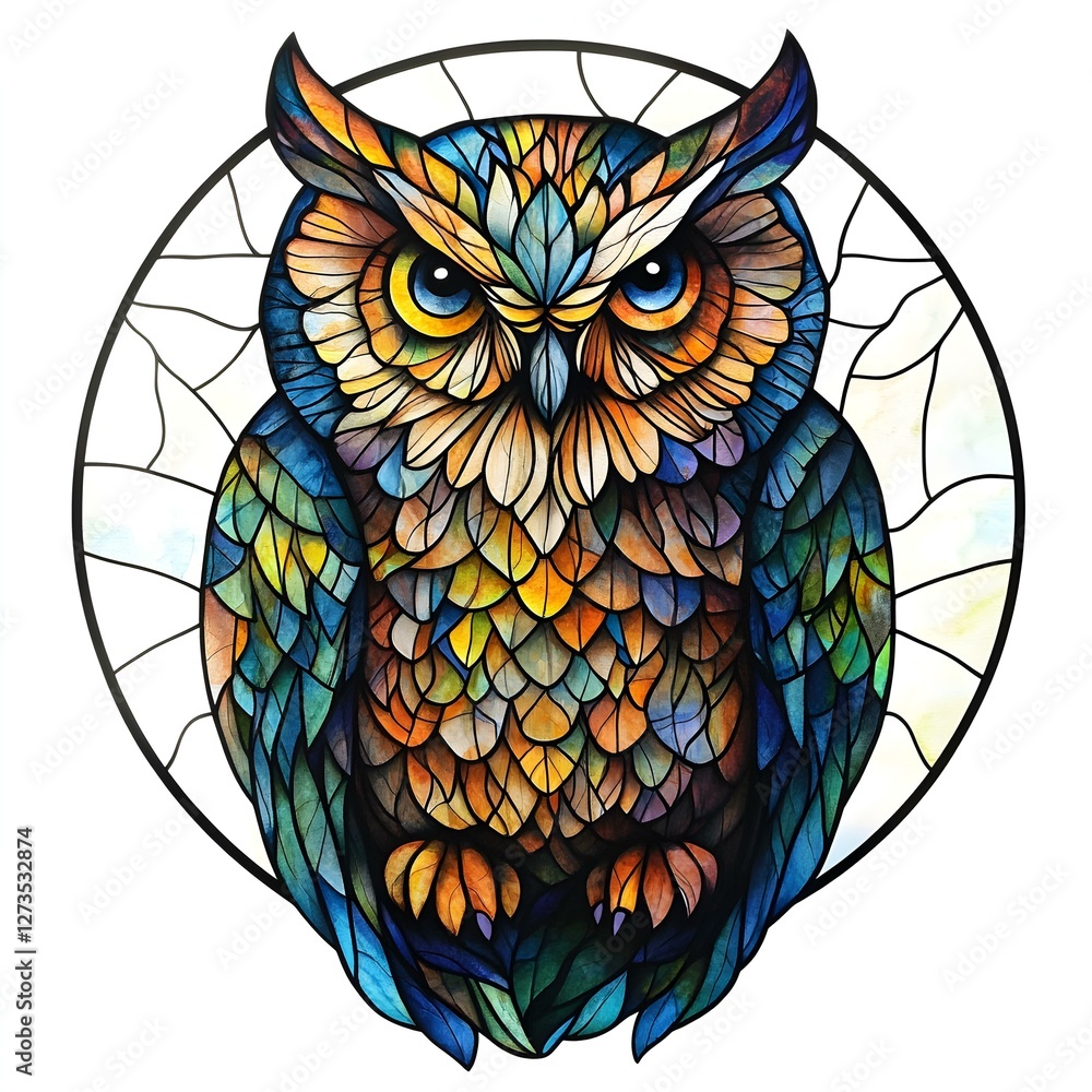 Naklejka premium a vibrant stained-glass owl with intricate details and colorful patterns, a beautiful decoration