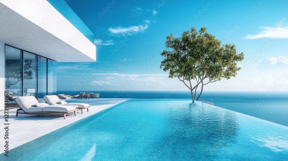 Fototapeta premium A luxurious infinity pool overlooking the ocean, featuring modern lounge chairs and a solitary tree, under a clear blue sky.