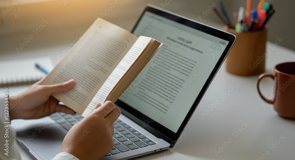 Obraz premium Person reading book and using laptop at desk, studying or working