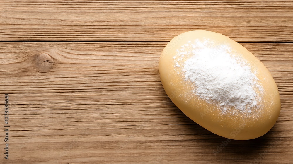 Raw dough disc with flour on wooden table in warm light Raw dough disc with flour on wooden table in warm light