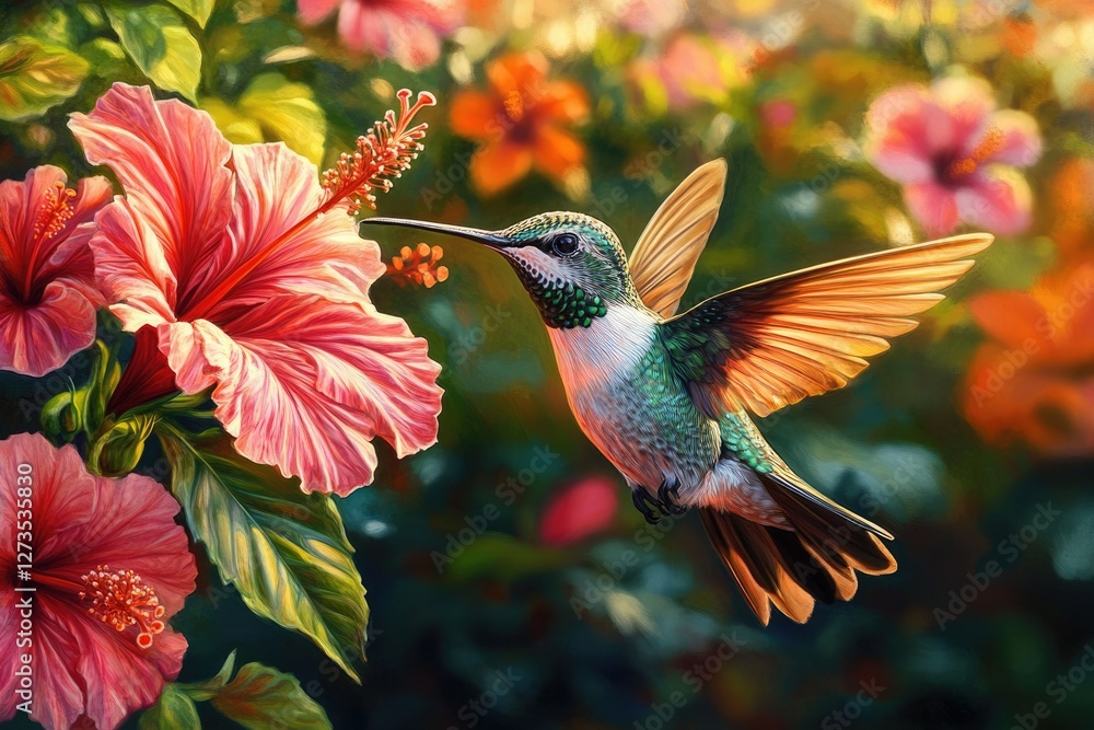 Fototapeta premium A vibrant hummingbird hovers near a pink hibiscus, showcasing a beautiful moment of nature's artistry.