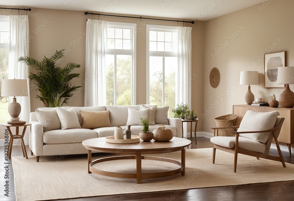 Fototapeta premium Modern Living Room Interior Design with Neutral Tones and Natural Light