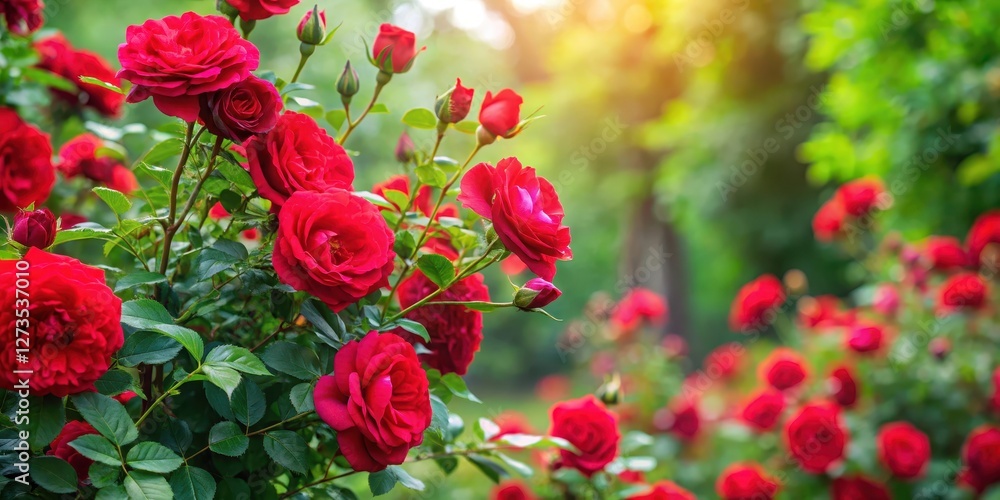 Blooming thorny rose bush with red flowers in full bloom and green leaves amidst a lush garden, botanical, flora Blooming thorny rose bush with red flowers in full bloom and green leaves amidst a lush garden, botanical, flora