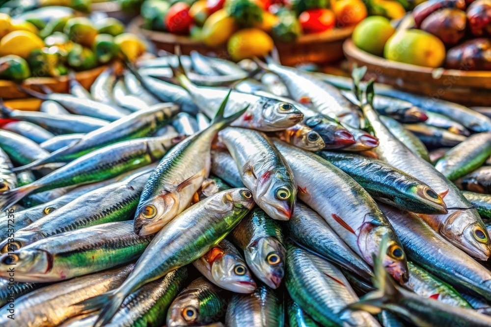 Obraz premium Fresh Mediterranean sardines, daily catch, piled high at the vibrant fishing market.