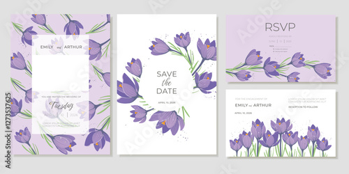 Spring Wedding Invitation Template With First Blooming Purple Crocus Flowers. Invitation Cards with space for photos and RSVP Thank You Cards. Vector