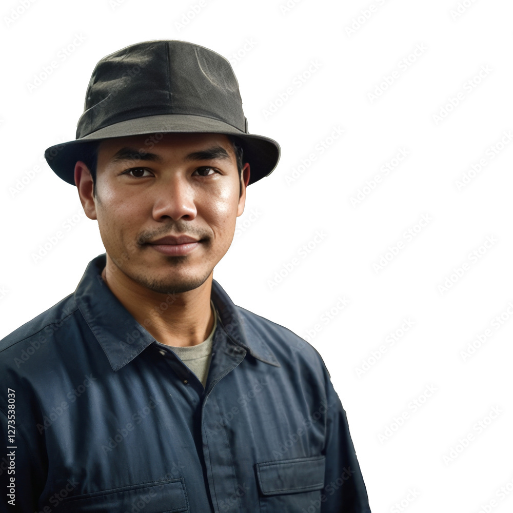 A manufacture worker wearing a hat isolated on transparent background. Copy space. A manufacture worker wearing a hat isolated on transparent background. Copy space.
