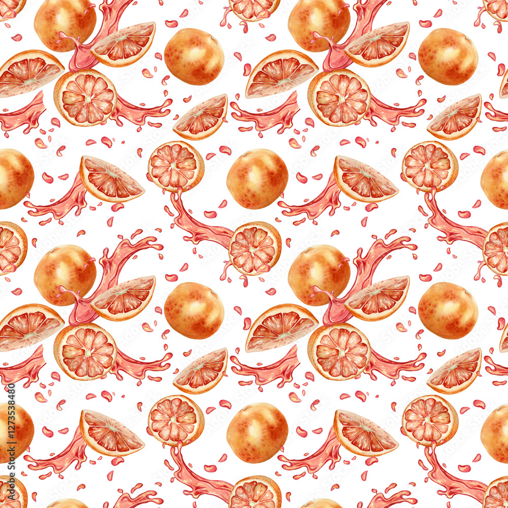 Red grapefruit segments and splash juice watercolor seamless pattern isolated on white. Pieces of ripe citrus hand drawn on repeated texture. Fresh juicy tropical fruits background for textile. Red grapefruit segments and splash juice watercolor seamless pattern isolated on white. Pieces of ripe citrus hand drawn on repeated texture. Fresh juicy tropical fruits background for textile.