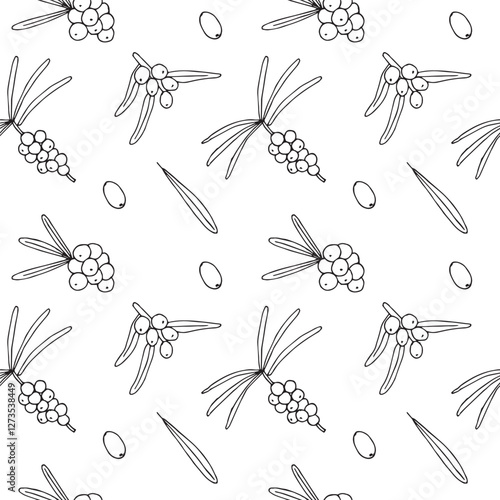 Sea buckthorn seamless doodle pattern, hand-drawn, vector illustration